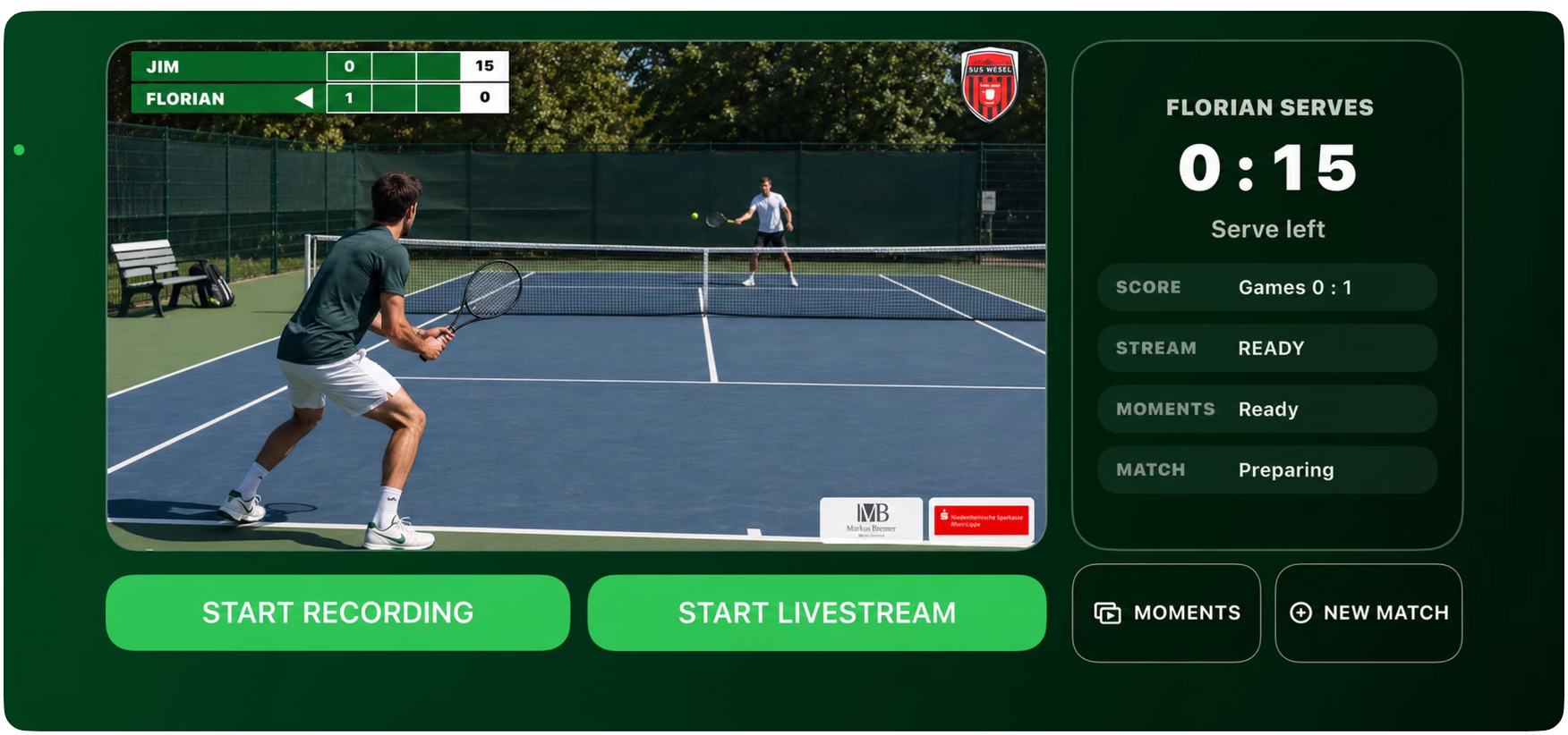 CourtMoments Matchansicht mit Live-Score, Video und Livestream-Steuerung